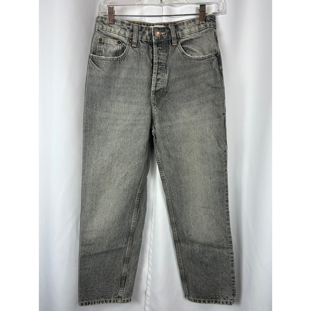 Zara Grey Acid Wash High Waisted Mom Jeans Button Fly Raw Edge 100% Cotton